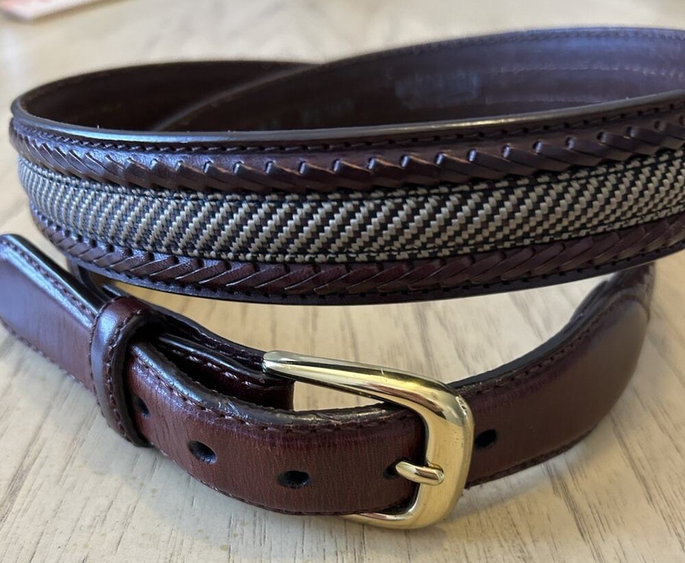 Vtg 90s Western Belt Braided Leather Canvas 42 Solid Brass Fish Golf Brighton